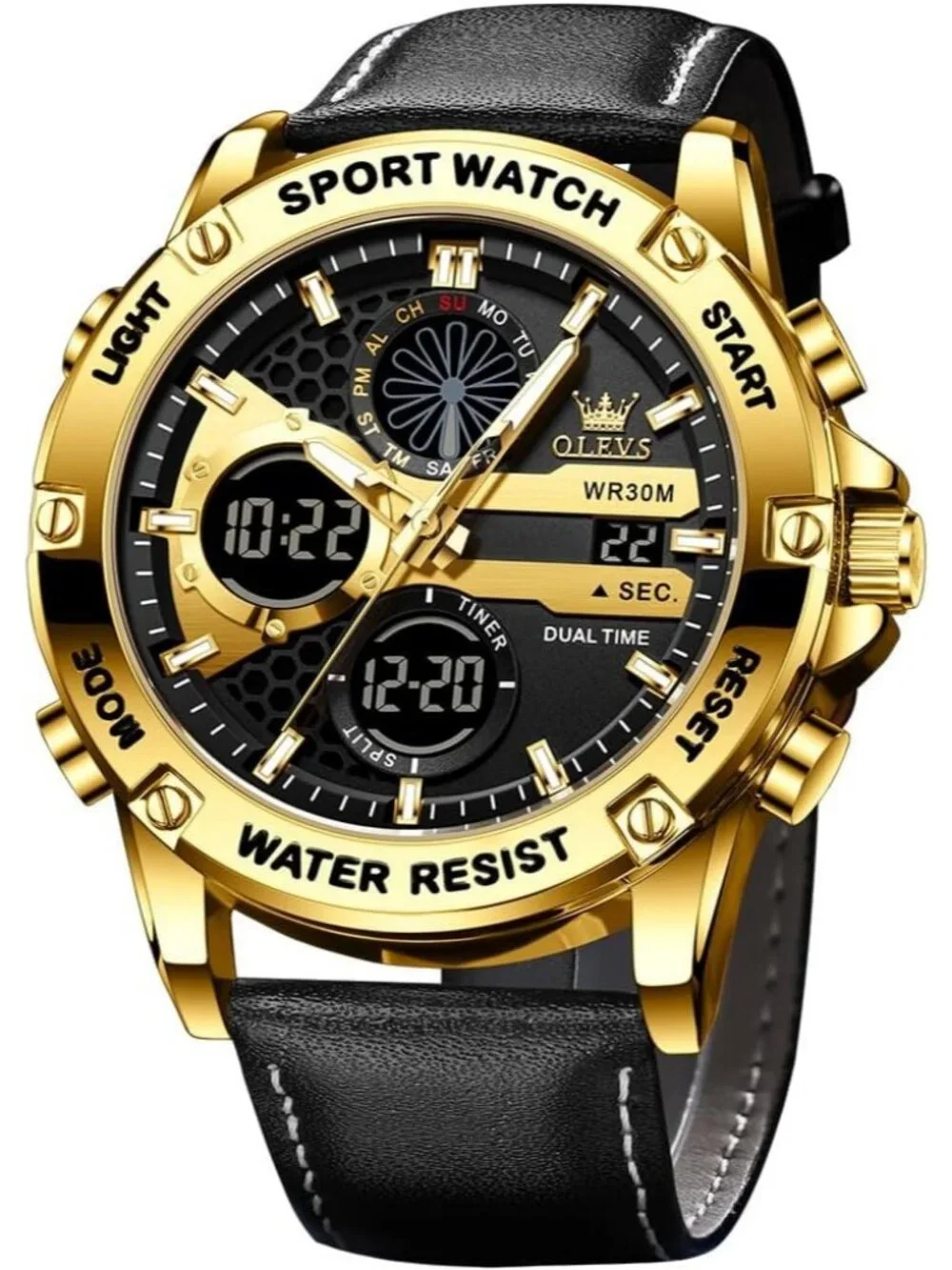 Men's Gold Black Leather Chronograph Fashion Digital Waterproof Wrist Watch